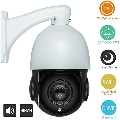 High Speed IP Network Dome Camera,5MP HD 1920P 30X Optical Zoom,Onvif PTZ IR Night Vision up to 500FT,Sony IMX178 CMOS Chipset,H.265 CCTV,4 Inch Mini Size,IP66 Waterproof Outdoor Camera