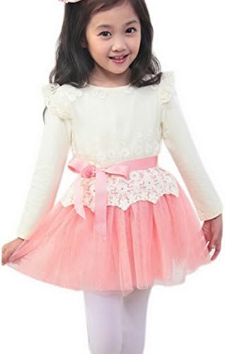 Kids Girl Long Sleeve Lace Jacquard Gauze Princess Dress, Pink, 160cm
