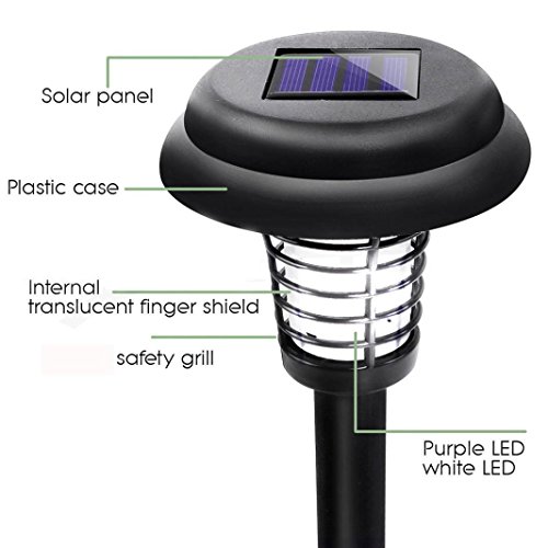 Inverlee Solar Powered LED Light Outdoor Bug Fly Zapper Insect Catcher Killer Trap Mosquito Killer Garden Lawn (Black)