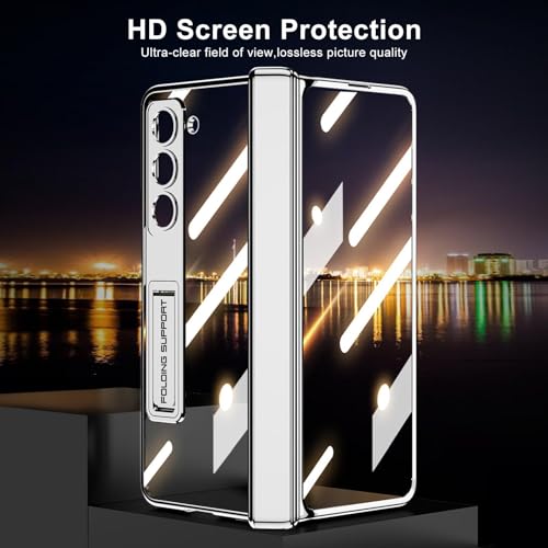 TERRIFI Case for Galaxy Z Fold 5, Magnetic Hinge Coverage Protection, Ultra Thin Transparent Plating Crystal, Built-in 3-Gears Adjustment Kickstand, Front Glass All-Inclusive Case (Clear-Cream White)