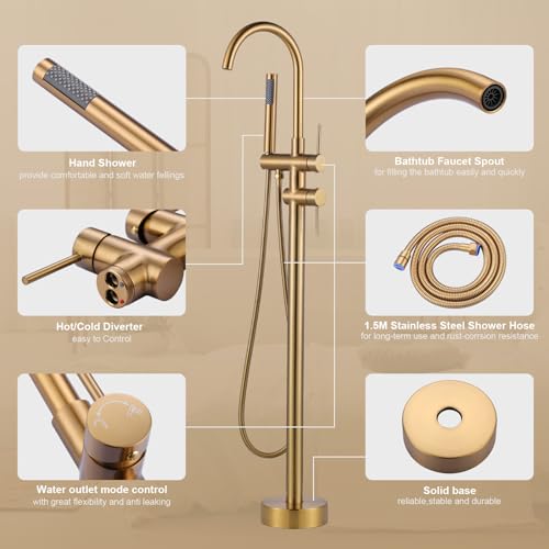 ARCORA Floor Bathtub Tap, Freestanding Bathtub Mixer, Pillar Bathtub Tap with Hand Shower, 360° Swivel, Copper and Stainless Steel, Ceramic Cartridge, Gold