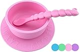 OBB Silicone Baby Bowl with Suction Cup Base and ABC Print | Includes Caterpillar Spoon (Pink)