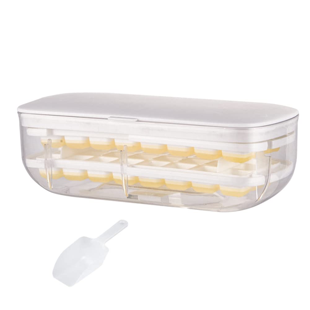 Press Type Ice Cube Maker, Ice Cube Trays with Lid and Container Ice Mould Double Layer Creative Ice Box, Comes with Ice Shovel, One Second Release All Ice Cubes, BPA Free - 48 Ice Cubes (White)