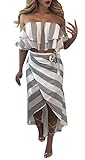 YOMISOY Women's Sexy Ruffle Off The Shoulder Striped 2 Piece Set Outfit Crop Top Skirt Dress
