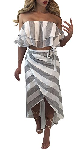 YOMISOY Women's Sexy Ruffle Off The Shoulder Striped 2 Piece Set Outfit Crop Top Skirt Dress