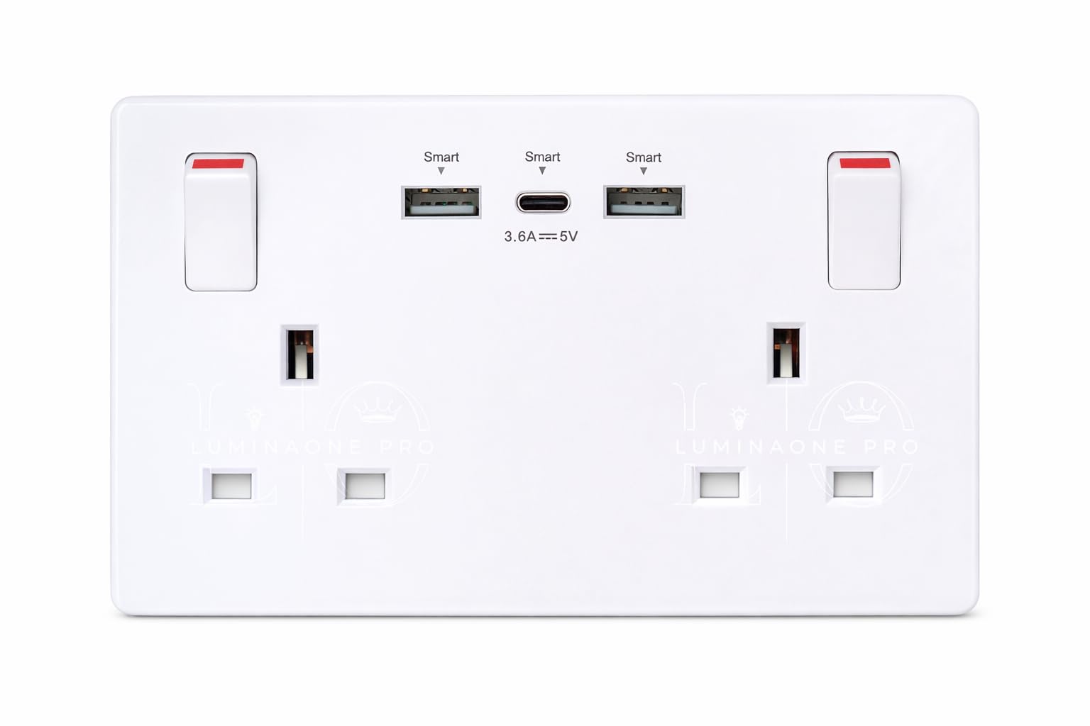 Double Switched Wall Plug Socket with USB-C & USB-A, 13A 2-Gang, 25W Combined Output, Screwless White (Use a 35mm-Deep Back Box)