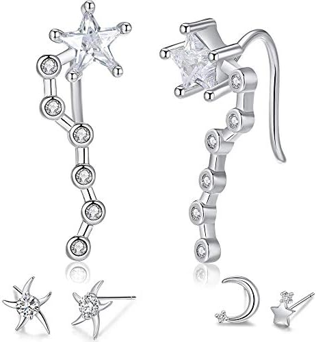 925 Sterling Silver Needle Earrings - Rose Gold Pearl Star Mini Crystal Hola Hypoallergenic Fashion Earring Set for Women