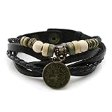 Lucky Handmade Natural Constellation Zodiac Sign Logo Genuine Real Leather Bracelet with Charms, Beads, Button, Adjustable Size, Gift for Him or for Her, Unisex (Sagittarius - Black Leather)