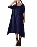 Women's Cotton Linen Round Neck Irregular Vintage Baggy A Line Long Maxi Dress Dark Blue 3XL