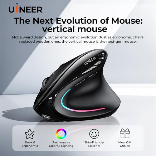 Uineer Ergonomic Wireless Mouse, Bluetooth Rechargeable Vertical Mouse, 7 Color LED, 4 DPI Adjustable, USB-A, Wrist Strain Relief,Optical Mice for Computer/PC/Laptop, Black (Black)