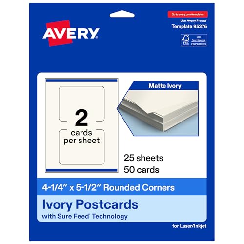 Avery Printable Rectangle Rounded Corner Postcards, Sure Feed Technology, 4.25"…