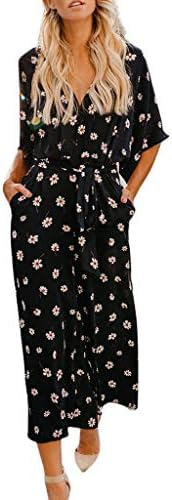 BaZhaHei Women Jumpsuit Floral Print V-Neck Wide Leg Boho Playsuit Rompers Strap Loose Waist Beach Party Dress Summer Long Pants