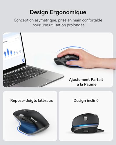 TECKNET Bluetooth Mouse, Ergonomic Wireless Mouse with 3 Modes (BT5.0/5.0+2.4G), Rechargeable, 4800 DPI Adjustable with Side Wheel Silent Mouse for Computers, Mac, PC, Windows, Black