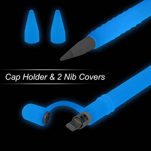 Silicone Case for Apple Pencil Holder Sleeve Skin Pocket Cover Accessories for iPad Pro, Glow in The Dark, Soft Silicone Grip Pouch with Charging Cap Holder and 2 Protective Nib Covers(Glow Blue)