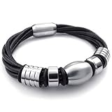 KONOV Jewelry Mens Leather Stainless Steel Bracelet, Charm Cuff Bangle, Black Silver, 8