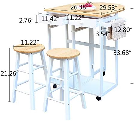 A dining cart with a table, stools, and items for home use.