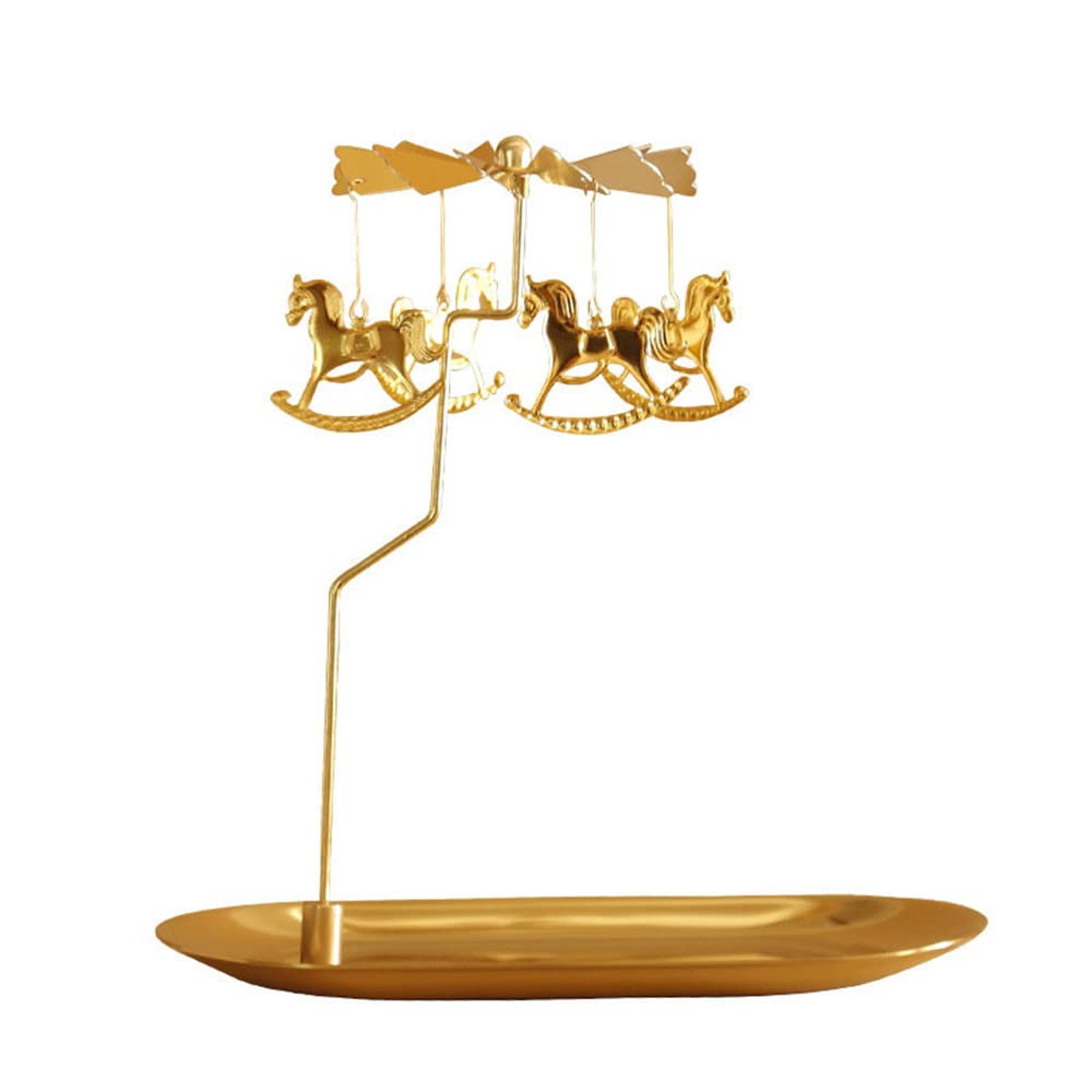 Spinning Candle Holder with Tray, Golden Candle Spinner,Rotating Metal Tea Light Candle Holder for Table Centerpiece Valentine's Day, Xmas Party Decor or Gift (Carousel)