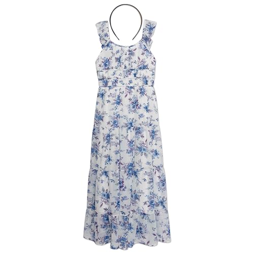 Speechless Girls' Flutter Sleeve Chiffon Maxi Dress, Ivory/Blue, 12