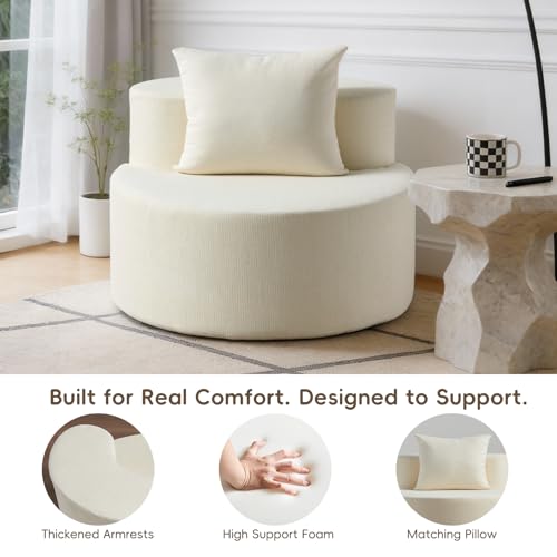 Accent Chair, Round Chaise Lounge Chair with Deep Seat, Modern Chenille Upholstered Lounge Chair, No Assembly Floor Sofa for Living Room Bedroom Apartment, 34.65 Inch Wide, Beige