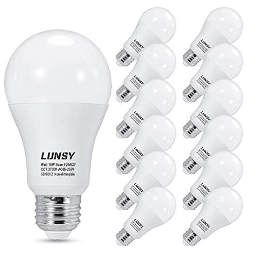 [Upgraded]LUNSY A19 LED Light Bulb 2700K, 100-150 Watt Equivalent, Soft White, 1600lm, Non-Dimmable, E26 Edison Bulb- 12 Pack