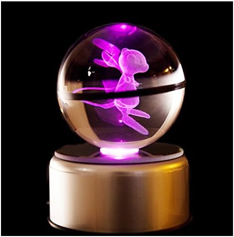 Clear K9 Crystal 3D Pokemon Go Inspired Inside Engraved Lasermarked Glowing Pokeball with LED Rotary Lamp Base Toy Light Lamp (mew)