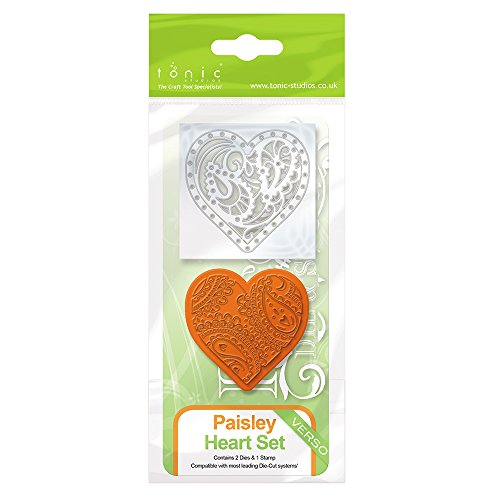 Tonic Studios 1046e Rococo Die & Stamp Set - Paisley Heart, Grey