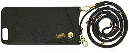 Sainted Fits Smaller iPhone 6 only - Crossbody Case with Cardholder Wallet - (Black Leather - Gold Stud)