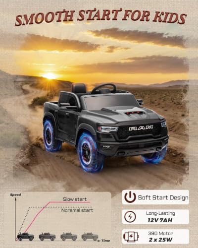 First Ride On 12v Licensed Ram 1500 Rho Kids Ride on Car, Ride on Toys w/Parent Remote Control, Electric Car for Kids with Smooth Start, Truck Bed Storage, 3 Point Safety Belt, Bluetooth(Black)