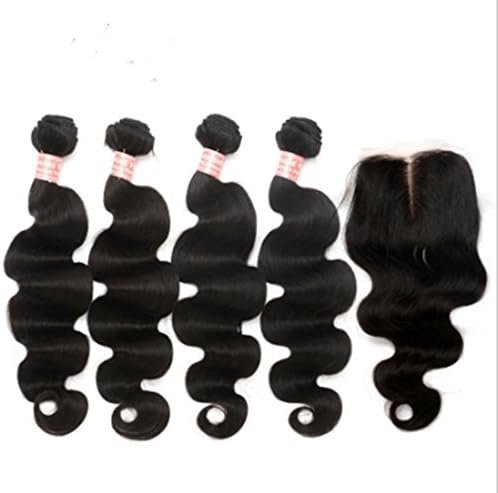 Worldflying Middle Part 4x4 Lace Closure with Brazilian Virgin Hair 4 Bundles Body Wave Human Hair Extensions Natural Color (24 26 28 30 with 20" closure)