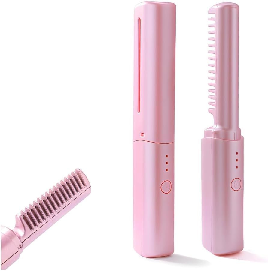 Photo 1 of 2 in 1 Wireless Hot Comb Hair Straightener, Portable Electric Press Ceramic Heat Comb for Wigs, Black Hair & Beard (Pink)