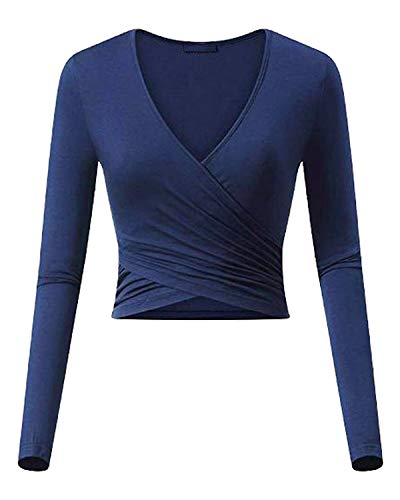 ENIDMIL Women's Deep V Neck Long Sleeve Crop Tops Slim Fit Cross Wrap Bodycon Shirt (Peacock Blue, Medium)