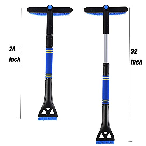 DIY home Ice Scraper for Car Windshield,360° Pivoting Head Extendable Telescopic Snow Brush with Foam Grip, Windshield Frost Ice Remover Tool 26”-32” (Blue)