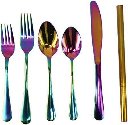 Flatware Set Colorful Stainless Steel Silverware Dinnerware Set 6-Piece, Cutlery Set, Smooth Surface and Mirror Polish, Fit for Home Kitchen Hotel Restaurant Tableware Set, Dishwasher Safe (Rainbow)