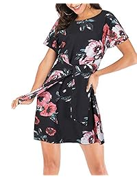 STYLEWORD - Vestido de verano para mujer, diseño floral, manga corta, cuello redondo, nudo, casual