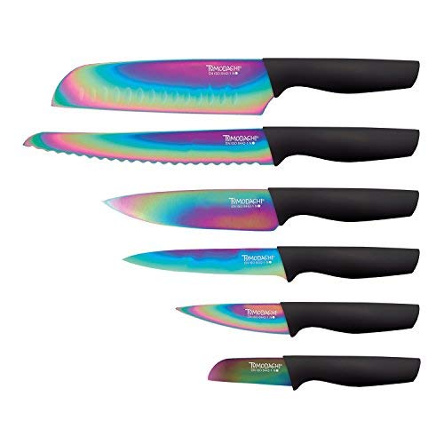 Hampton Forge Tomodachi 12 Piece Kitchen Knife Set - 6 Rainbow Titanium Coated Chef Knives with 6 Sheath Covers