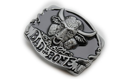 TFJ Men Belt Buckle Western Fashion Metal Bad To The Bones Buffalo Bull Silver