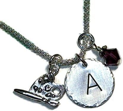 Artist Paint Pallette Hand Stamped Sterling Silver Initial Charm Necklace