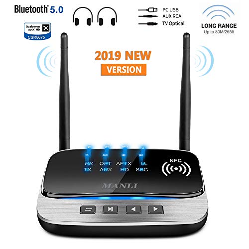 Bluetooth 5.0 Transmitter, MANLI 3 in 1 Bluetooth Transmitter Receiver 265FT Long Range for PC,Car/TV/Home Stereo System, Support aptX HD & aptX Low Latency, Dual Link, Optical RCA AUX 3.5mm