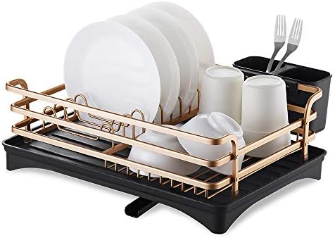 Dish Drying Rack with Large Storage Cutlery Holder,Removable Cutlery Tray and Drainboard with Adjustable Swivel Spout-3 pieces,Cutlery Caddy & Utensils Holder Drain Tray for Kitchen Large Capacity