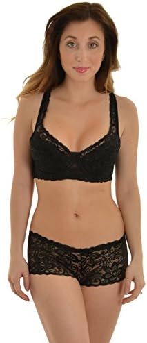 Black Lace Bra 2 Piece Set with Sheer Boyshort Panties Light Lined Bra