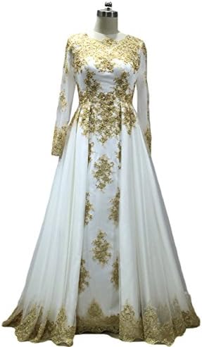 2018 Beaded Gold Pink Prom Dresses with Lace Long Sleeves Muslim Evening Gowns