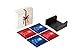 Happy Holidays Merry Christmas Designer Ceramic Coaster Set (4 Coasters, Red and Blue Colors, Each Almost 4 X 4 inches) with Matching Wooden Coaster Holder. (Red and Blue)