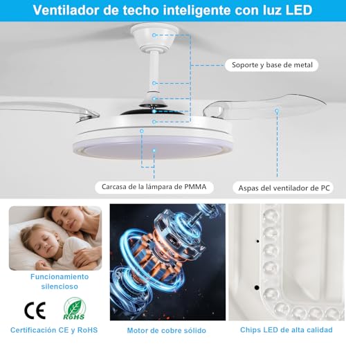 Dorlink Retractable Ceiling Fan 34 Inches with Lights, LED Remote Control with Continuous Dimerization, Modern Fan Lamp for Bedroom/Living Room/Kitchen, 3000K-6500K, 6 Speeds