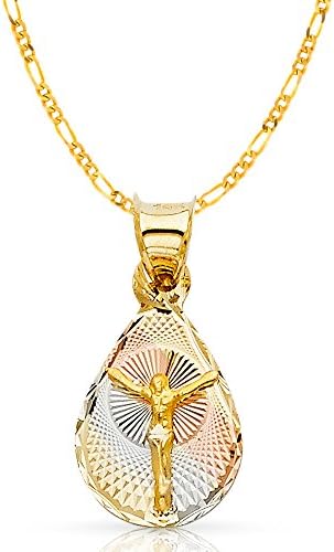 Ioka Jewelry - 14K Tri Color Gold Diamond Cut Jesus Crucifix Stamp Religious Charm Pendant with 2mm Figaro 3+1 Chain Necklace - 20"