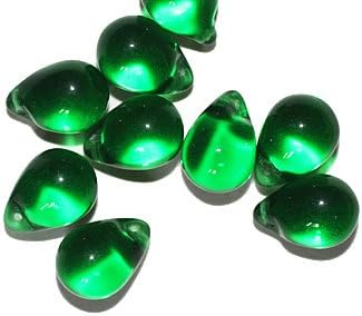 Emerald Pear Drop Czech Pressed Glass Beads