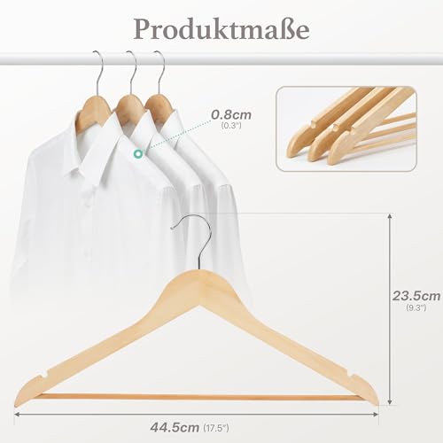 HOUSE DAY Wooden Clothes Hangers, Pack of 20, Natural Wooden Clothes Hangers with 360° Rotating Hook & Non-Slip Notches, Sturdy Wooden Hangers for Jackets, Shirts & Coats - Clothes Storage