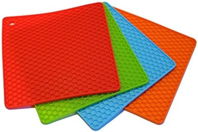Set of 4, Silicone Honeycomb Trivet Mats / Hot Pads, Pot Holders, Spoon Rest, Jar Opener &amp; Coasters （4 color） (square)
