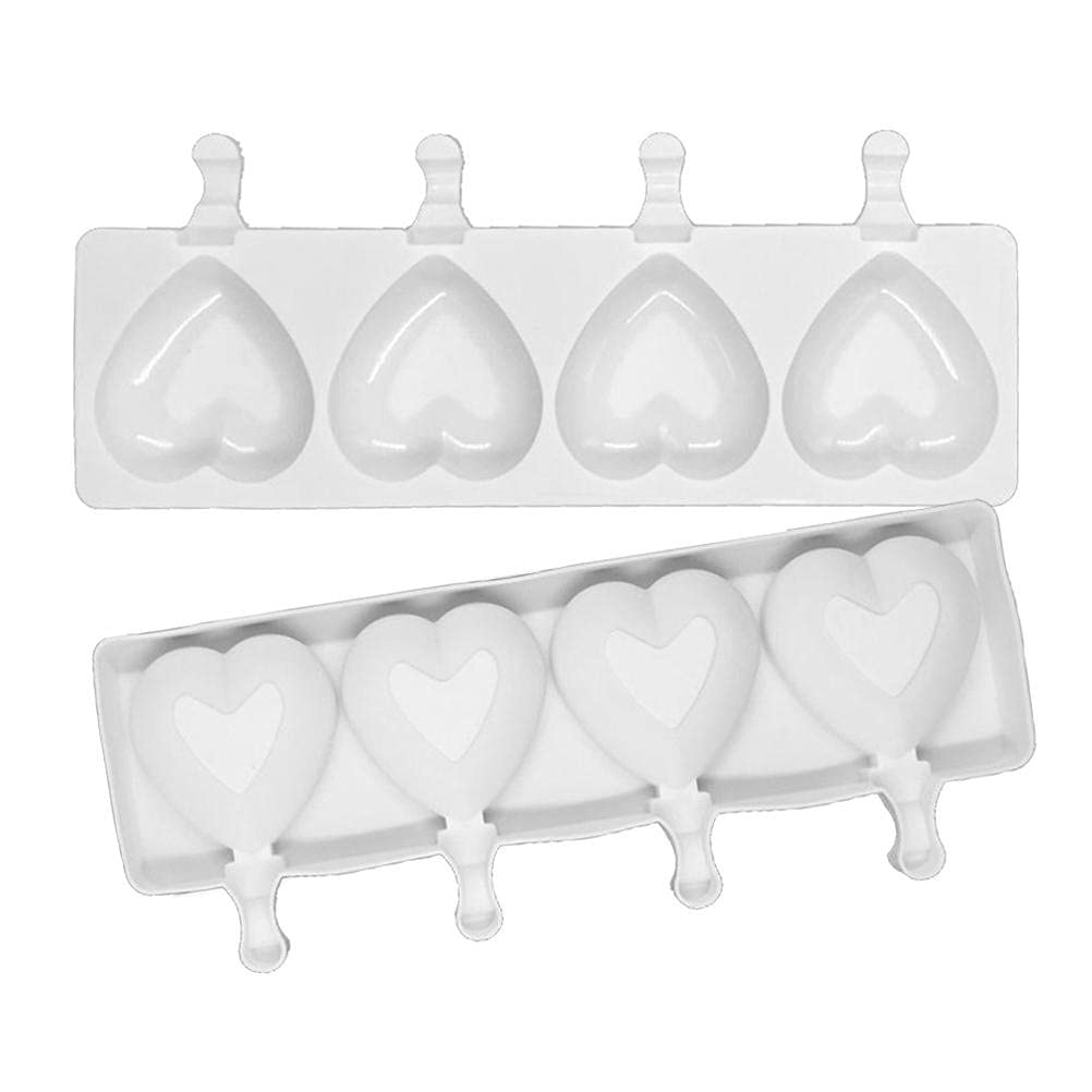Popsicle Mold, Hosuho 1Pcs 4 Cavities 3D Heart Shape Silicone Ice Lolly Mould, White Soft Reusable Ice Maker Mold for DIY Ice Cream Puree Yogurt Pudding