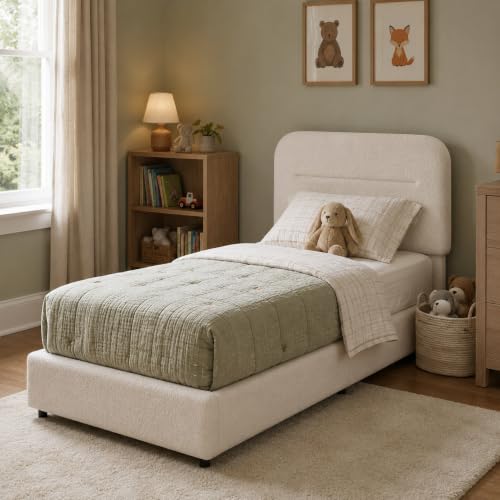 HOMBCK Twin Bed Frame, Cream Boucle Upholstered Platform Bed
