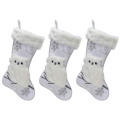 Silver Velvet Christmas Stockings - 3-Pack of 20 inch Holiday Stockings with Festive Owl Applique and Beaded Embroidery with Faux Fur Cuff